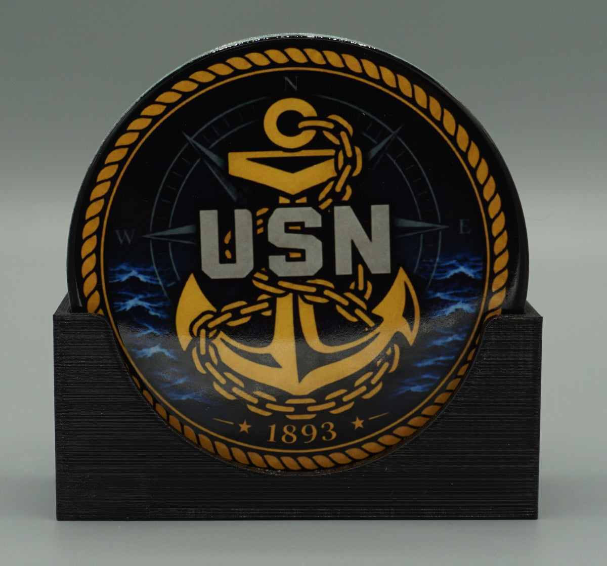 Set of 4 Round Ceramic Chief Coasters with Stand