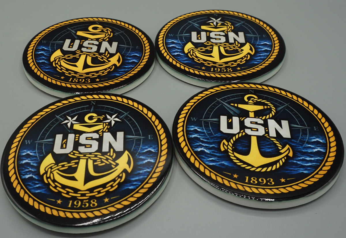 Set of 4 Round Ceramic Chief Coasters with Stand