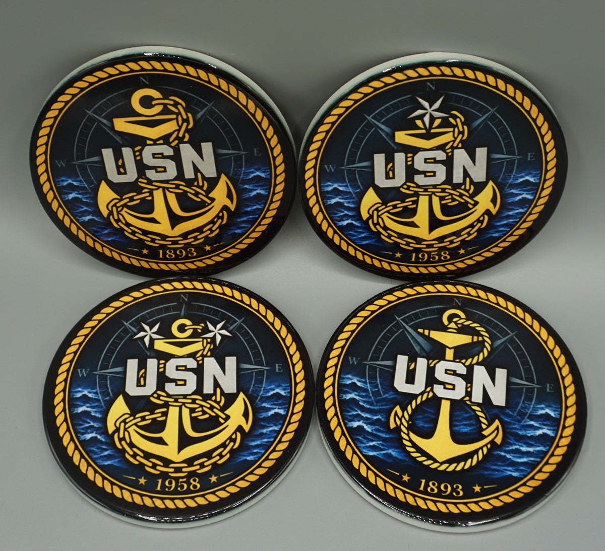 Set of 4 Round Ceramic Chief Coasters with Stand